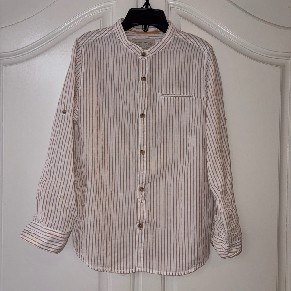 Striped Mandarin Collar Shirt - White with Camel Tan Stripes